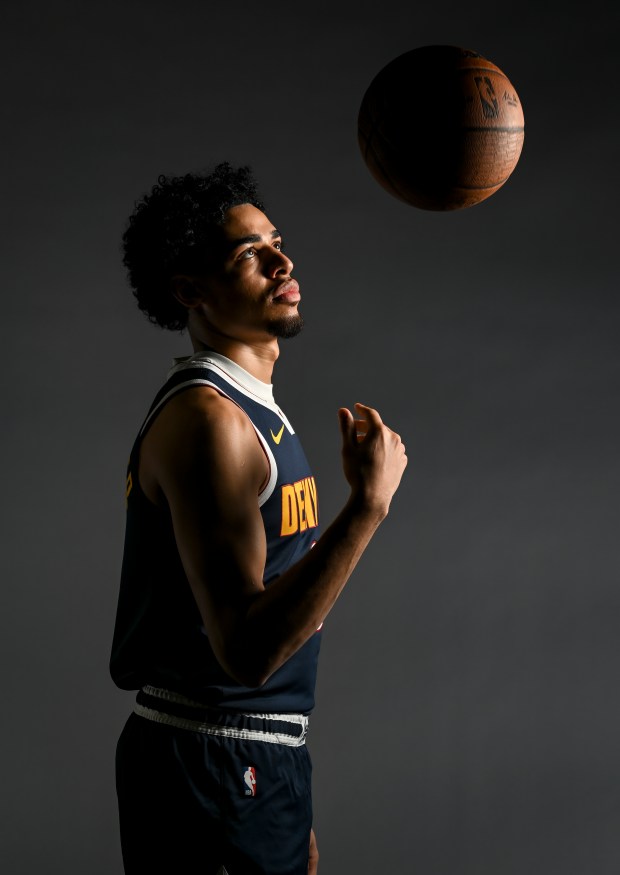Julian Strawther (3) of the Denver Nuggets poses for a portrait during the team's media day at Ball Arena in Denver on Monday, Sept. 29, 2025. (Photo by AAron Ontiveroz/The Denver Post)