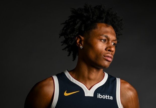 Peyton Watson (8) of the Denver Nuggets poses for a portrait during the team's media day at Ball Arena in Denver on Monday, Sept. 29, 2025. (Photo by AAron Ontiveroz/The Denver Post)