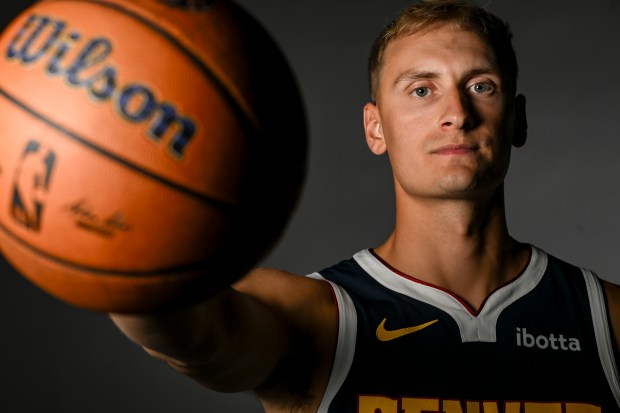 Hunter Tyson (5) of the Denver Nuggets poses for a portrait during the team's media day at Ball Arena in Denver on Monday, Sept. 29, 2025. (Photo by AAron Ontiveroz/The Denver Post)