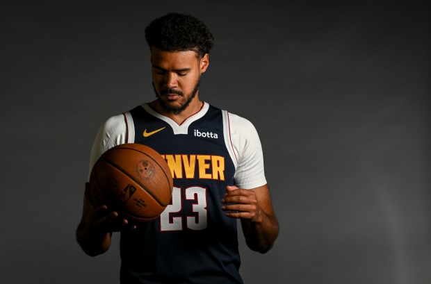 Cameron Johnson (23) of the Denver Nuggets poses for a portrait during the team's media day at Ball Arena in Denver on Monday, Sept. 29, 2025. (Photo by AAron Ontiveroz/The Denver Post)