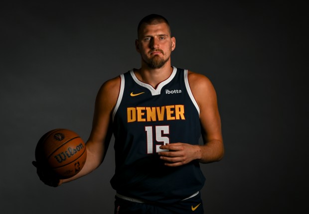 Nikola Jokic (15) of the Denver Nuggets poses for a portrait during the team's media day at Ball Arena in Denver on Monday, Sept. 29, 2025. (Photo by AAron Ontiveroz/The Denver Post)