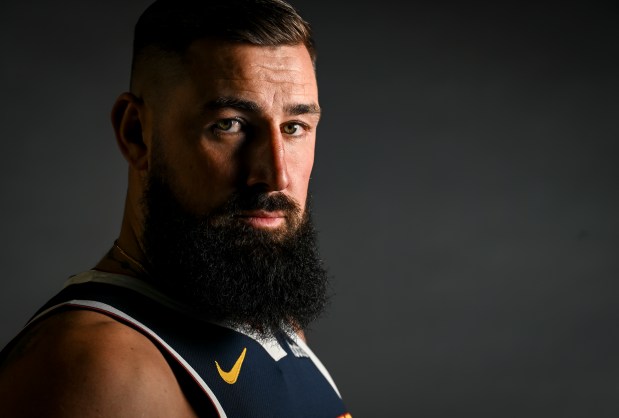 Jonas Valanciunas (17) of the Denver Nuggets poses for a portrait during the team's media day at Ball Arena in Denver on Monday, Sept. 29, 2025. (Photo by AAron Ontiveroz/The Denver Post)