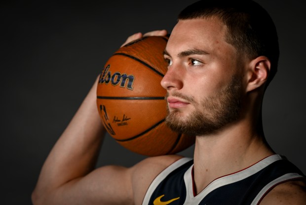 Christian Braun (0) of the Denver Nuggets poses for a portrait during the team's media day at Ball Arena in Denver on Monday, Sept. 29, 2025. (Photo by AAron Ontiveroz/The Denver Post)