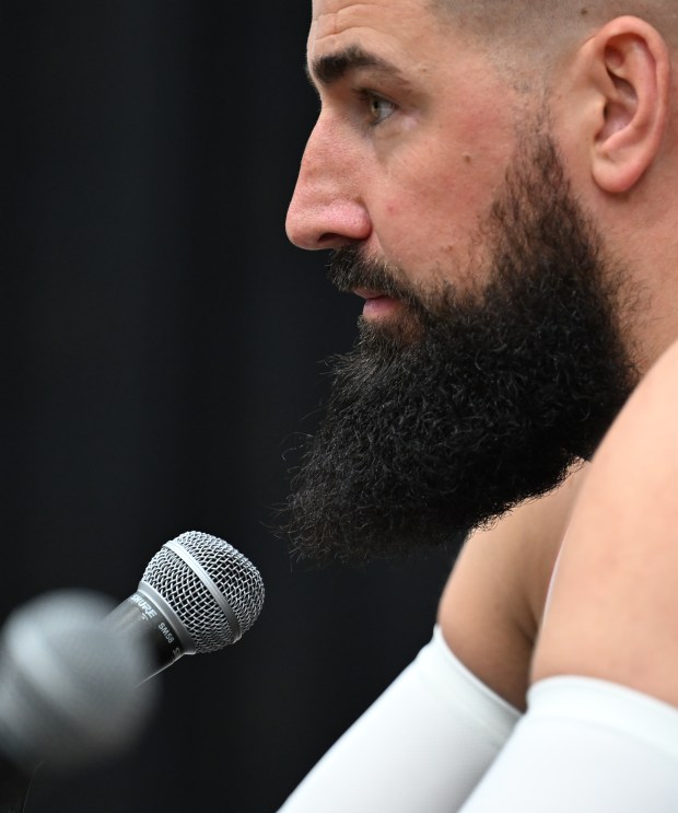 Denver Nuggets center Jonas Valanciunas (17) talks with media during the Nuggets Media Day press conferences at Ball Arena in Denver on Sept. 29, 2025. (Photo by RJ Sangosti/The Denver Post)