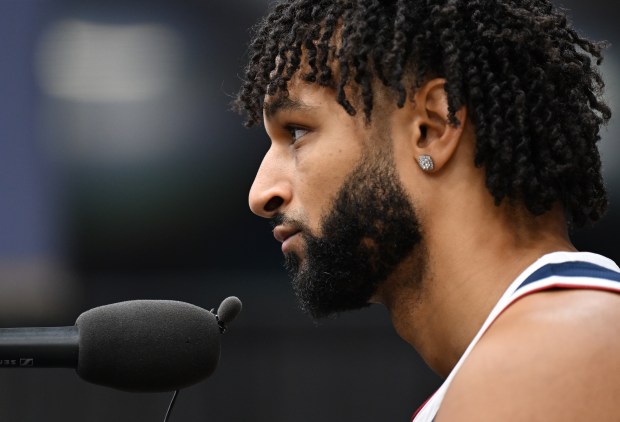 Denver Nuggets guard Jamal Murray (27) talks during Nuggets Media Day press conferences at Ball Arena in Denver on Sept. 29, 2025. (Photo by RJ Sangosti/The Denver Post)