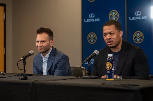 Denver Nuggets new front office GM duo, Ben Tenzer, left, who was named executive vice president of basketball operations, and Jon Wallace, right, who took over as executive vice president of player personnel, answer questions during a press conference following the second round of the NBA draft on Thursday, June 26, 2025, at Ball Arena in Denver. (Photo by Daniel Brenner/Special to The Denver Post)