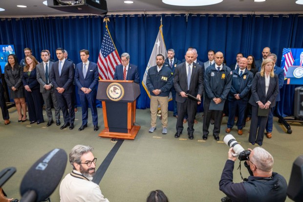 Joseph Nocella, the U.S Attorney for the Eastern District, was joined in a nationwide gambling takedown presser by NYPD Commissioner Jessica Tisch and FBI Director Kash Patel at 271 Cadman Plaza East in Brooklyn on Thursday, Oct. 23, 2025. (Theodore Parisienne / New York Daily News)