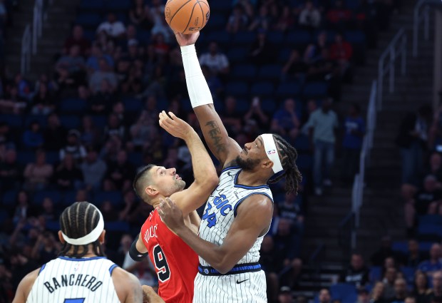 during the Chicago Bulls at Orlando Magic NBA game at...