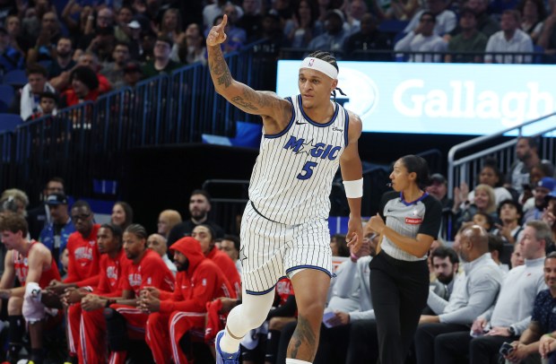Orlando forward Paolo Banchero celebrates after scoring during the Chicago...