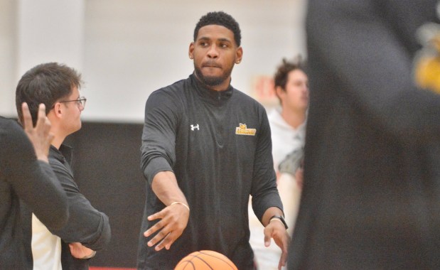 Rowan assistant coach Ryan Thompson looks on in pregame against Rider during an exhibition men's college basketball game on Saturday, Oct. 25, 2025 at Alumni Gymnaisum in Lawrenceville. (Kyle Franko/ Trentonian Photo)