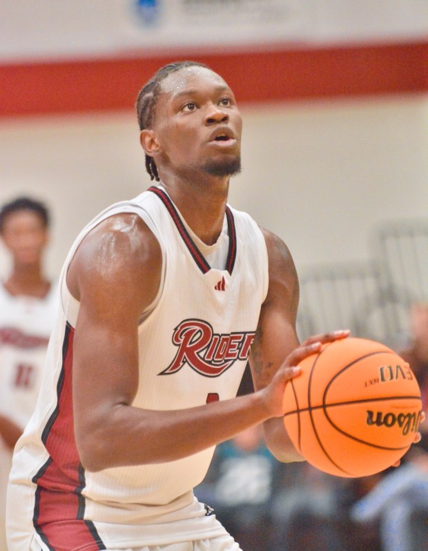 Rider's Shemani Fuller attempts a free throw against Rowan during an exhibition men's college basketball game on Saturday, Oct. 25, 2025 at Alumni Gymnaisum in Lawrenceville. (Kyle Franko/ Trentonian Photo)