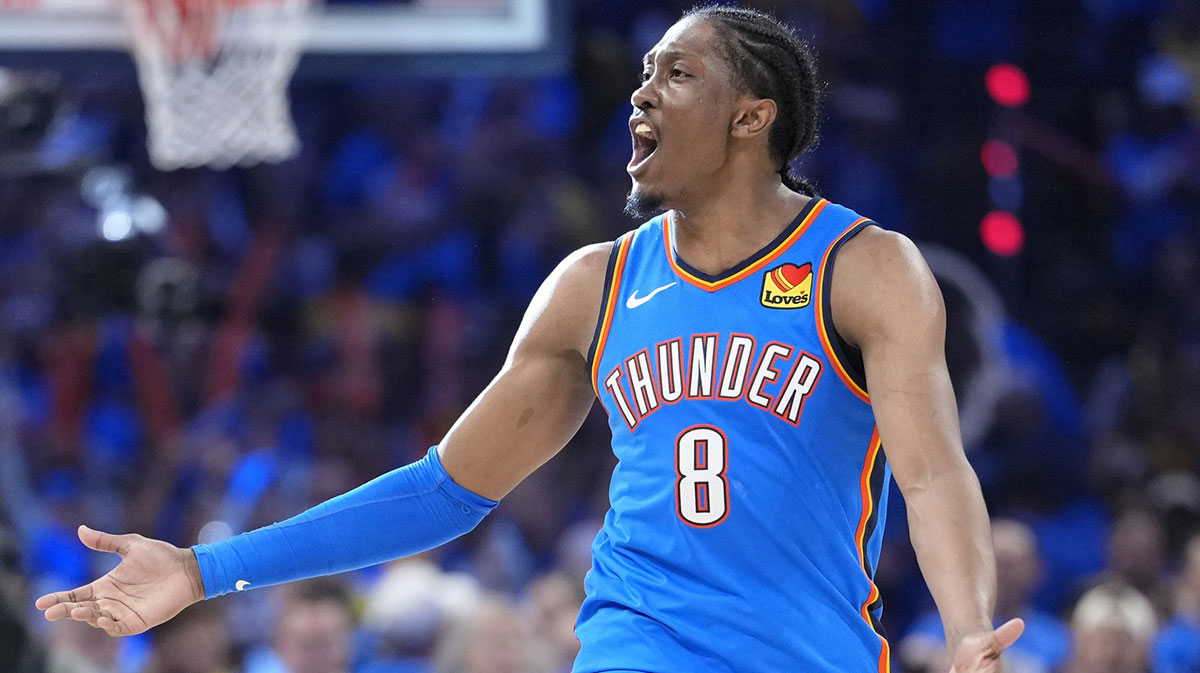 Thunder forward Jalen Williams (8) reacts after a play against the Indiana Pacers during the second half of game seven of the 2025 NBA Finals at Paycom Center