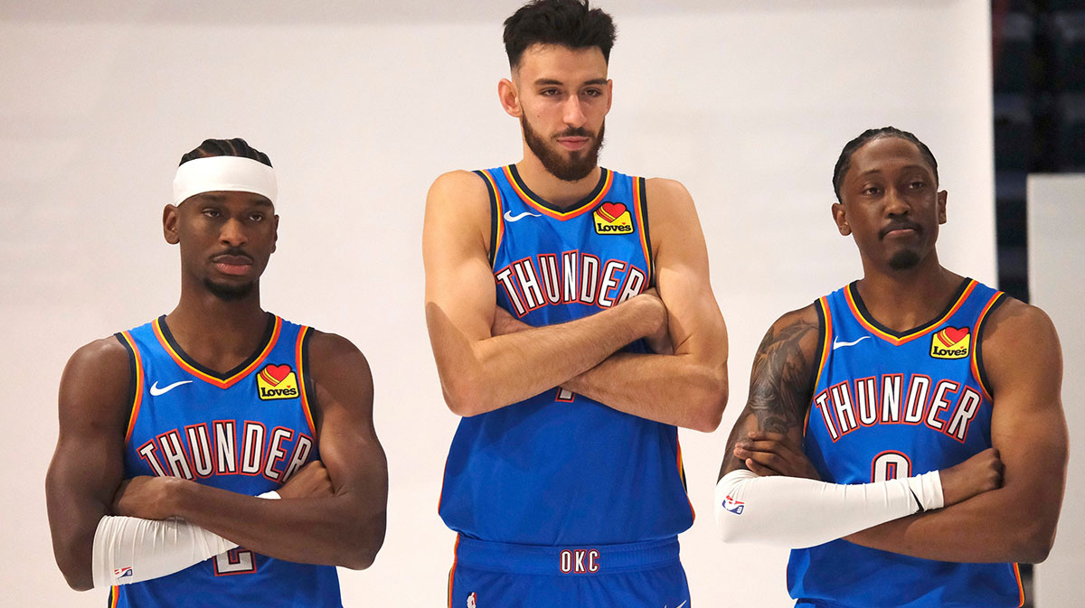 Shai Gilgeous-Alexander (2), Chet Holmgren (7) and Jalen Williams (8) during the Thunder Media Day for the 25-26 NBA season at the Paycom Center Monday, Sept. 29, 2025.