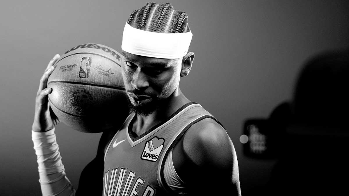 Shai Gilgeous-Alexander (2) during the Thunder Media Day for the 25-26 NBA season at the Paycom Center Monday, Sept. 29, 2025.