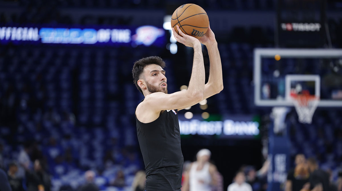 Thunder forward Chet Holmgren warms up before the start of game seven of the second round against the Denver Nuggets for the 2025 NBA Playoffs at Paycom Center