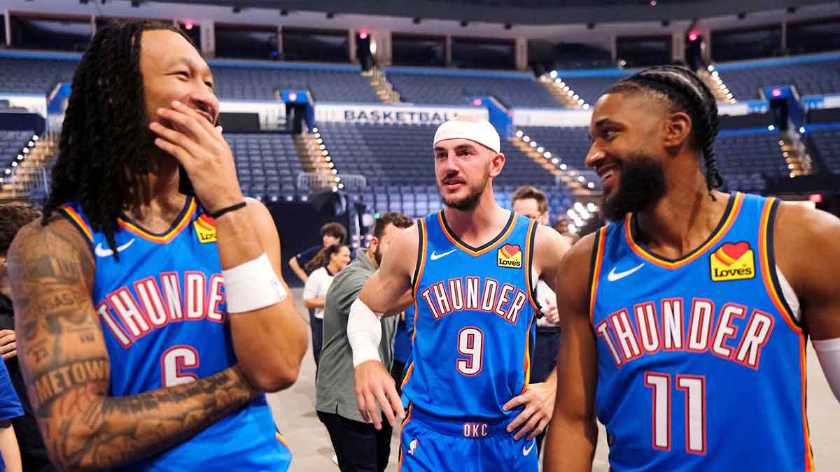 Jaylin Williams (6), Alex Caruso (9) and Isaiah Joe (11) during the Thunder Media Day for the 25-26 NBA season at the Paycom Center Monday, Sept. 29, 2025.
