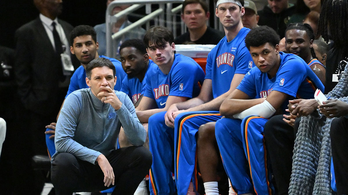 Thunder Head Coach Mark Daigneault watches his team against the Milwaukee Bucks during the first half at Fiserv Forum