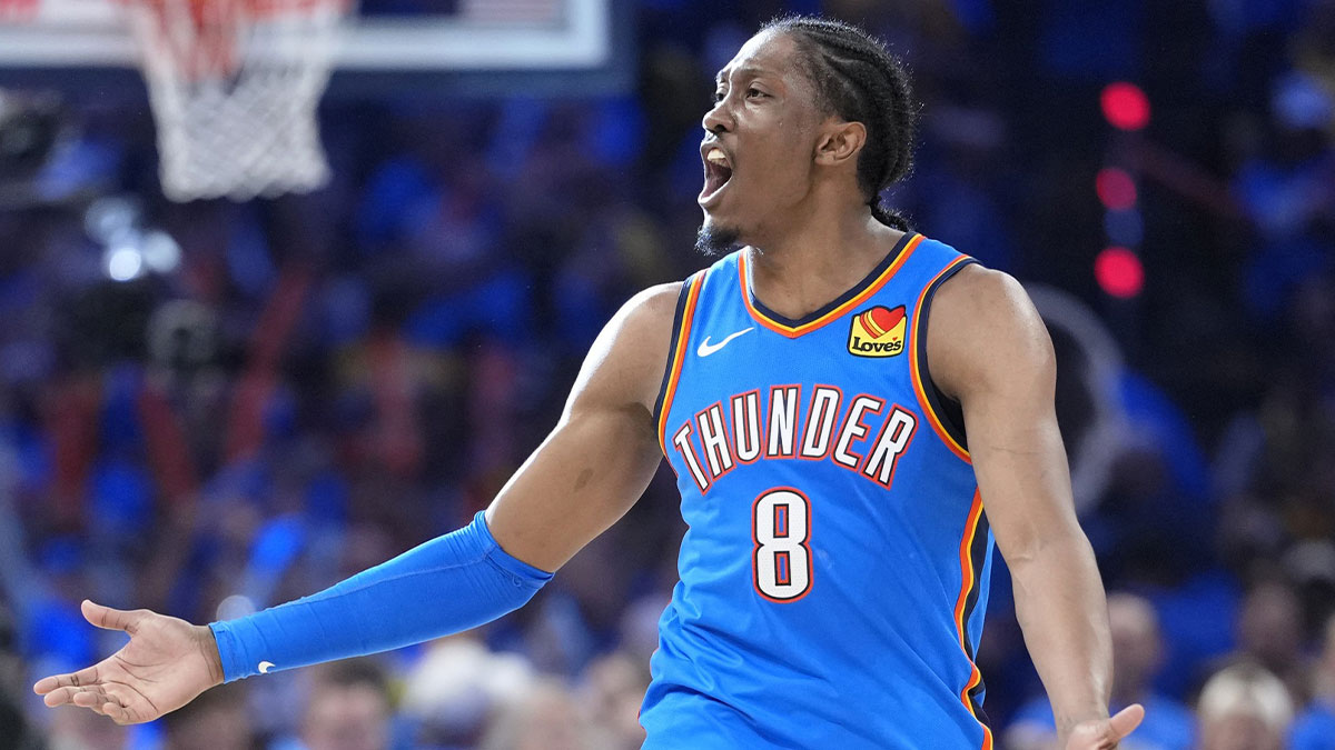 Oklahoma City Thunder forward Jalen Williams (8) reacts after a play against the Indiana Pacers during the second half of game seven of the 2025 NBA Finals at Paycom Center.