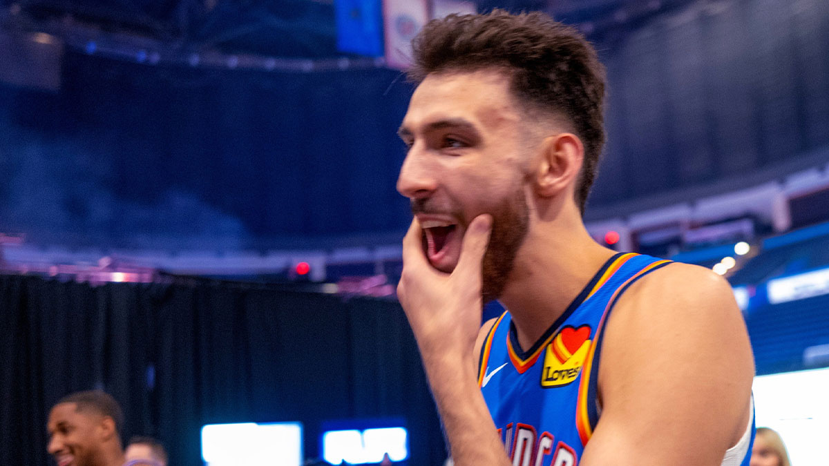 Chet Holmgren (7) reacts to teammates during the Thunder Media Day for the 25-26 NBA season at the Paycom Center