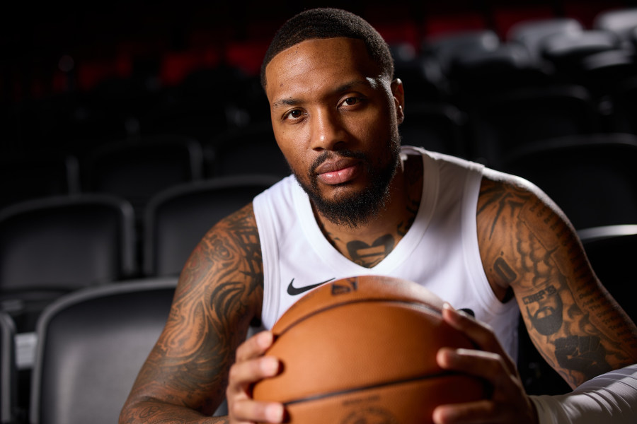 Portland Trail Blazers guard Damian Lillard poses for photos during the NBA basketball team&rsquo;s media day in Portland, Ore., Monday, Sept. 29, 2025.