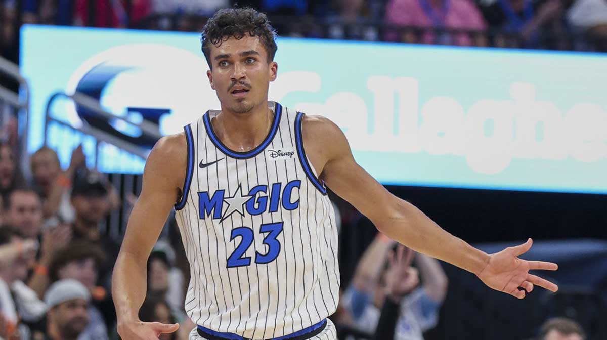 Orlando Magic forward Tristan da Silva (23) reacts after making a three point basket against the Miami Heat in the second quarter at Kia Center.