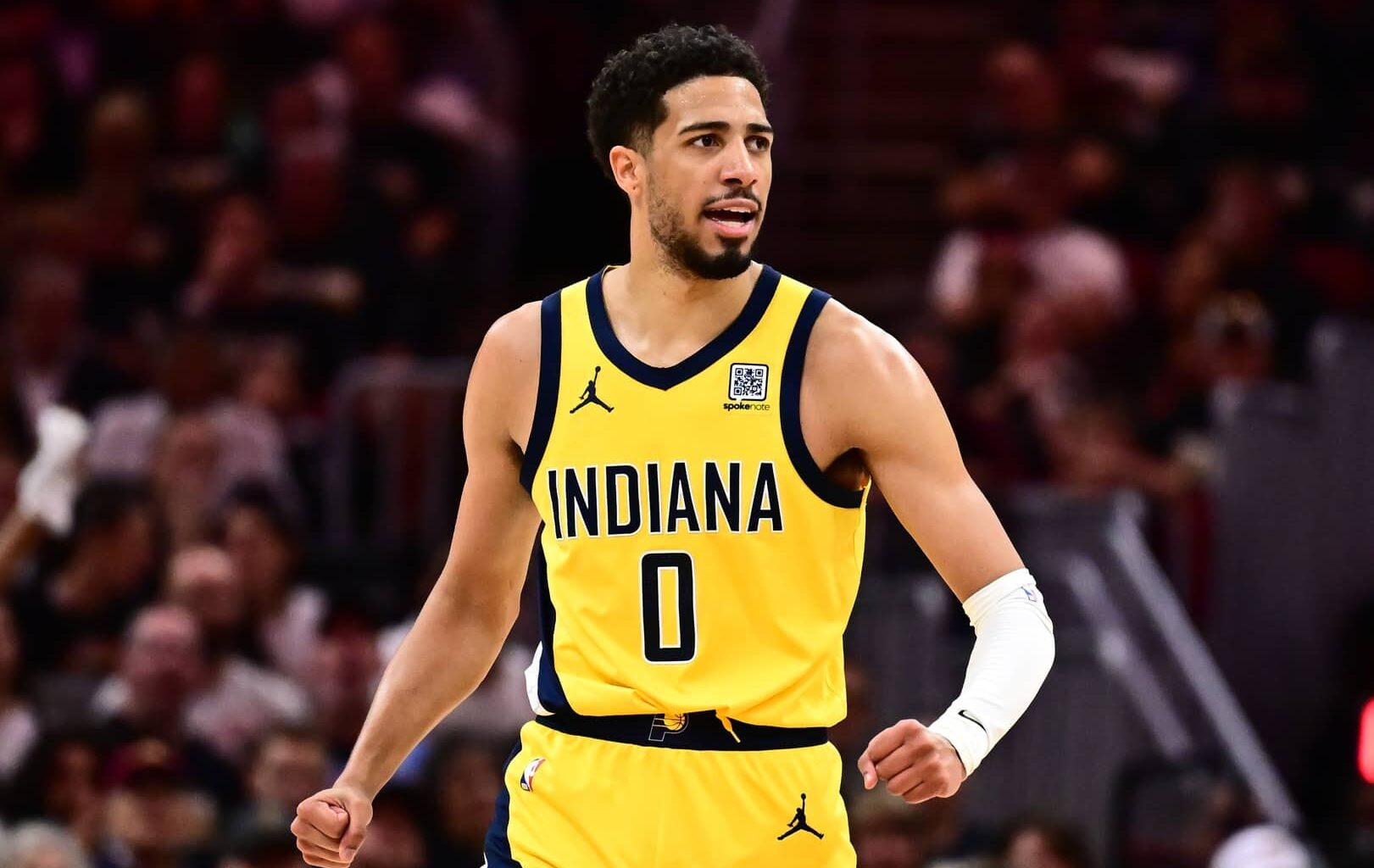 Pacers guard Tyrese Haliburton celebrates during the second half against the Cavaliers in game five of the second round for the 2025 NBA Playoffs at Rocket Arena