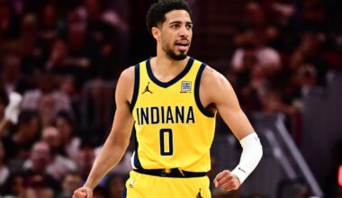 Pacers guard Tyrese Haliburton celebrates during the second half against the Cavaliers in game five of the second round for the 2025 NBA Playoffs at Rocket Arena
