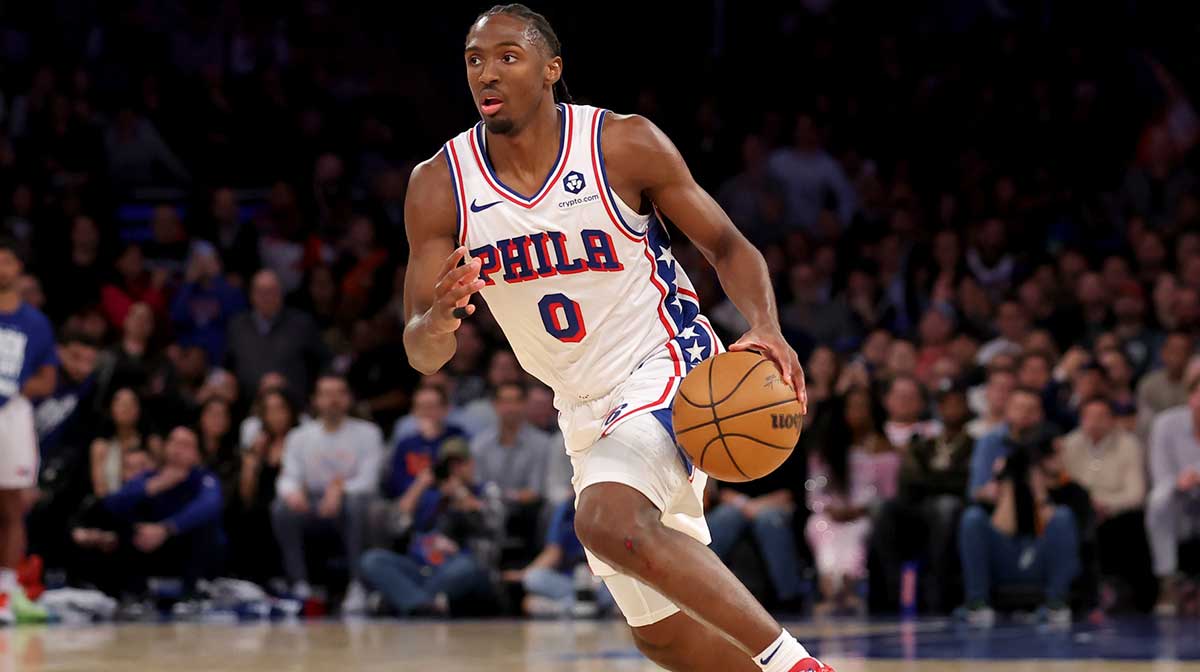 Philadelphia 76ers guard Tyrese Maxey (0) brings the ball up court against the New York Knicks during the fourth quarter at Madison Square Garden.