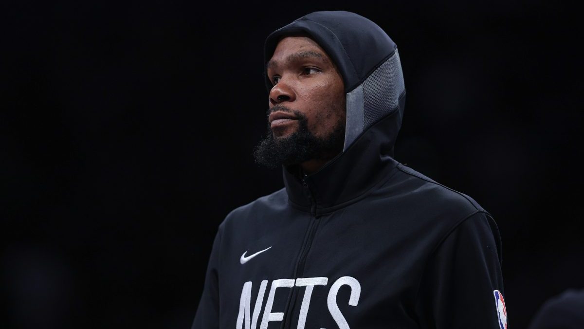Brooklyn Nets forward Kevin Durant (7) looks on during the time out during the second half against the San Antonio Spurs at Barclays Center.
