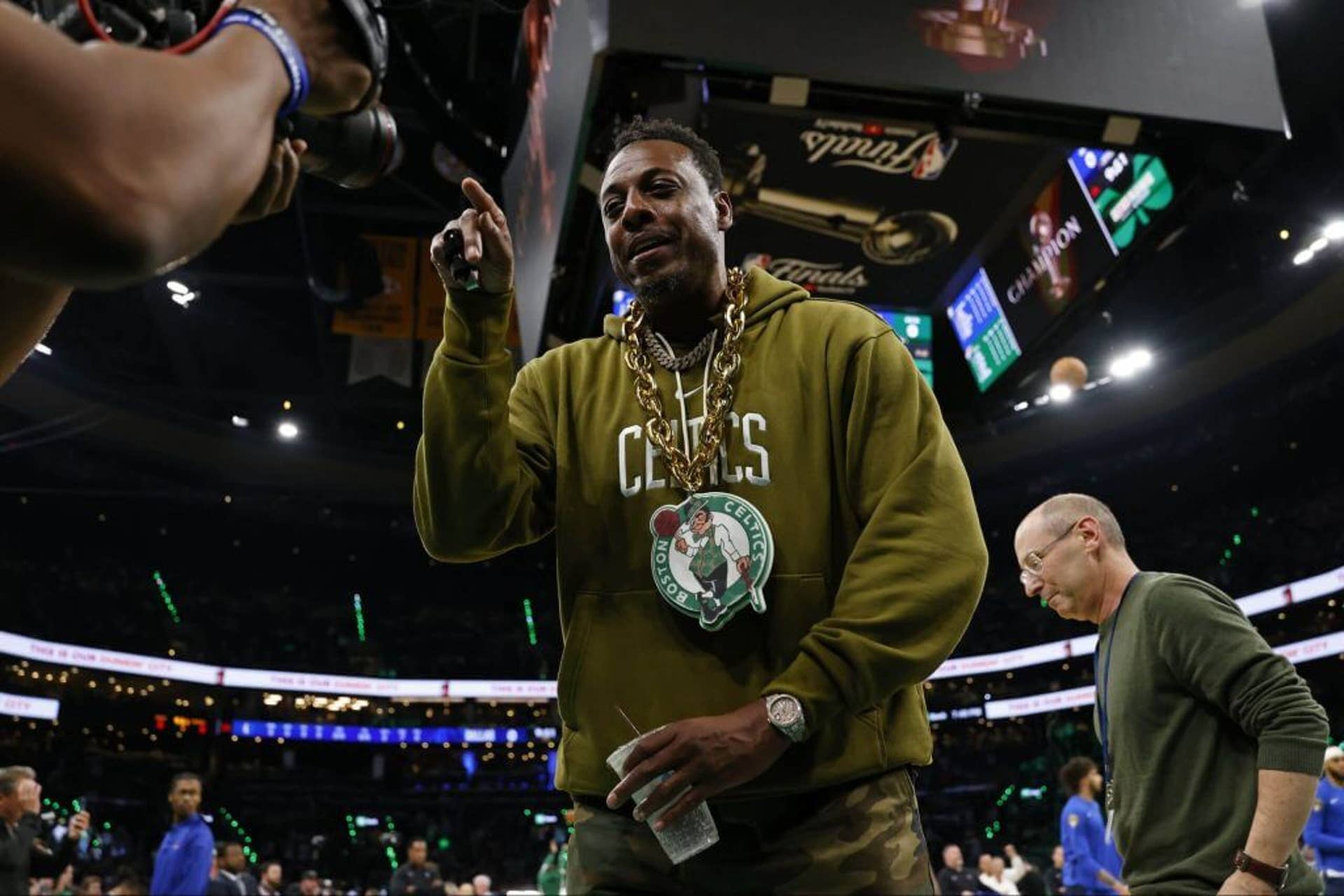 Former Celtics player Paul Pierce looks into a video camera before Game 2 of the 2024 NBA Finals between Boston and the Mavericks.