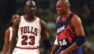 Bulls guard Michael Jordan and Suns forward Charles Barkley face off in the 1993 NBA Finals.