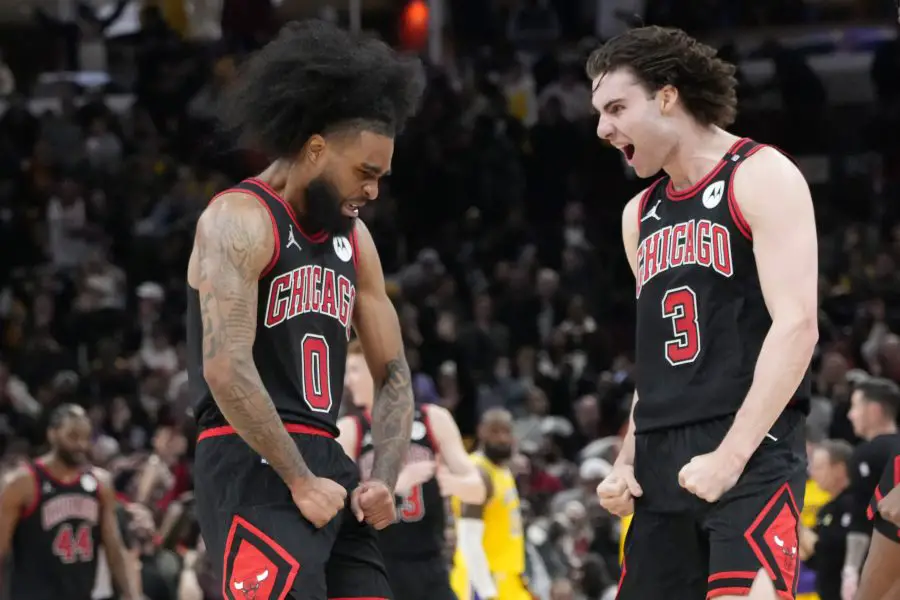 Chicago Bulls guard Coby White (0) celebrates his three point basket against the Los Angeles Lakers