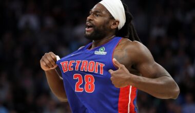 Mar 30, 2025; Minneapolis, Minnesota, USA; Detroit Pistons center Isaiah Stewart (28) gestures towards the crowd after a fight against the Minnesota Timberwolves during the second quarter at Target Center. Stewart was later ejected from the game. Mandatory Credit: Matt Krohn-Imagn Images