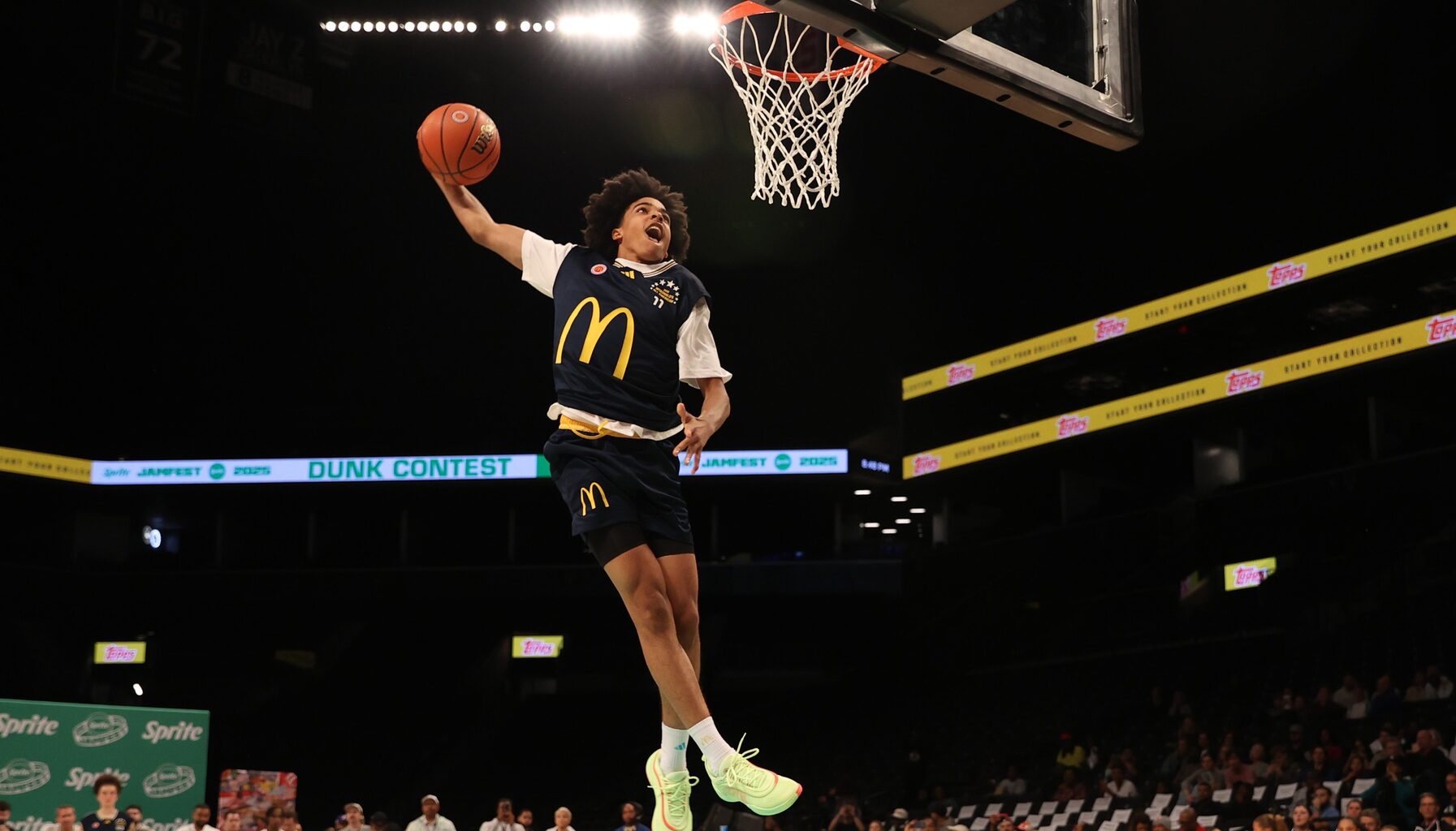 Mar 31, 2025; Brooklyn, New York, USA; McDonald’s All American West guard Mikel Brown Jr. (11) dunks the ball during the Sprite Jam Fest at Barclay's Center. Mandatory Credit: Pamela Smith-Imagn Images