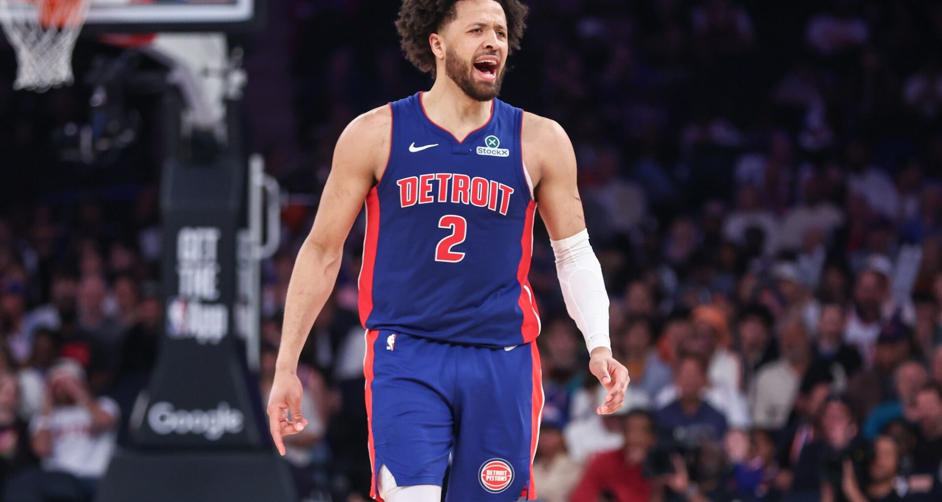 Pistons star Cade Cunningham reacts to a play against the Knicks during the 2024-25 NBA Playoffs.
