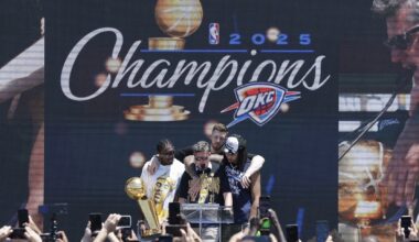Jun 24, 2025; Oklahoma City, OK, USA; Oklahoma City Thunder forward Jalen Williams, left, Oklahoma City Thunder center Isaiah Hartenstein, back, and Oklahoma City Thunder forward Jaylin Williams, right, gather around Oklahoma City Mayor David Holt during the Oklahoma City Thunder Champions parade closing ceremony at Scissortail Park. Mandatory Credit: Alonzo Adams-Imagn Images
