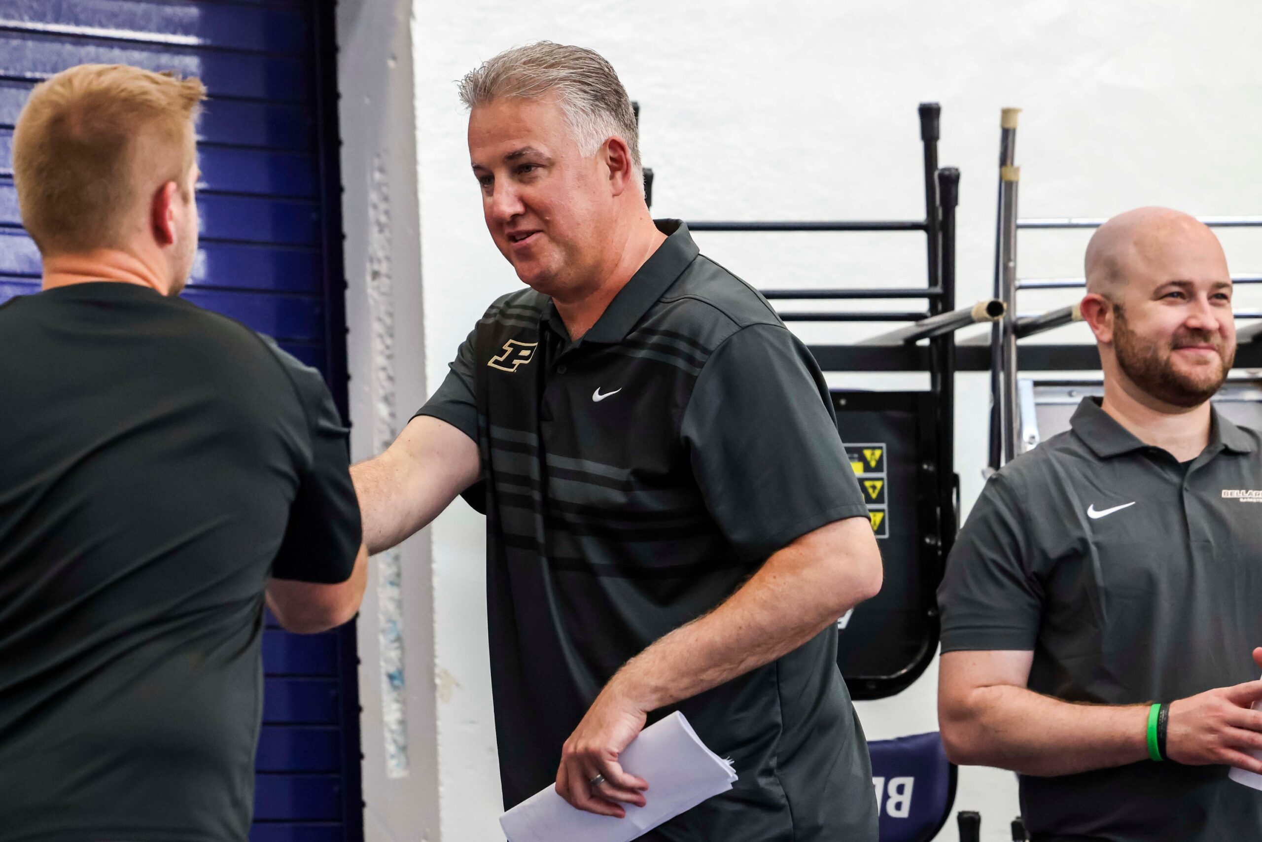 Purdue men’s basketball head coach Matt Painter talks with coaches Friday, June 27, 2025, during the boys high school basketball Top 100 Showcase at Ben Davis High School in Indianapolis. © Grace Smith/IndyStar / USA TODAY NETWORK via Imagn Images