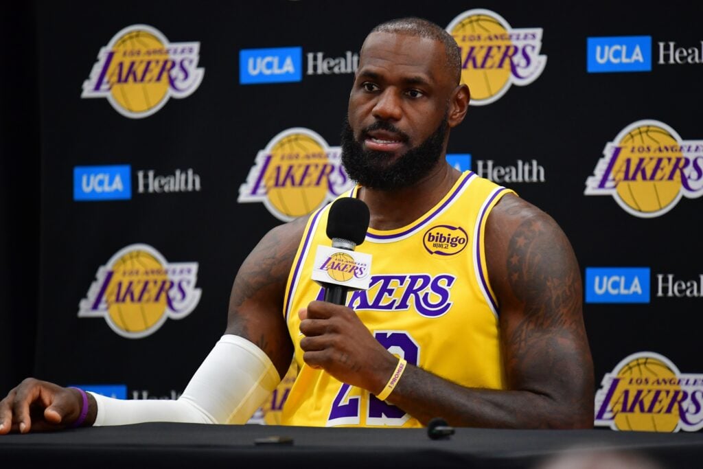 Sep 29, 2025; Los Angeles, CA, USA; Los Angeles Lakers forward LeBron James (23) during media day at UCLA Health Training Center. Mandatory Credit: Gary A. Vasquez-Imagn Images