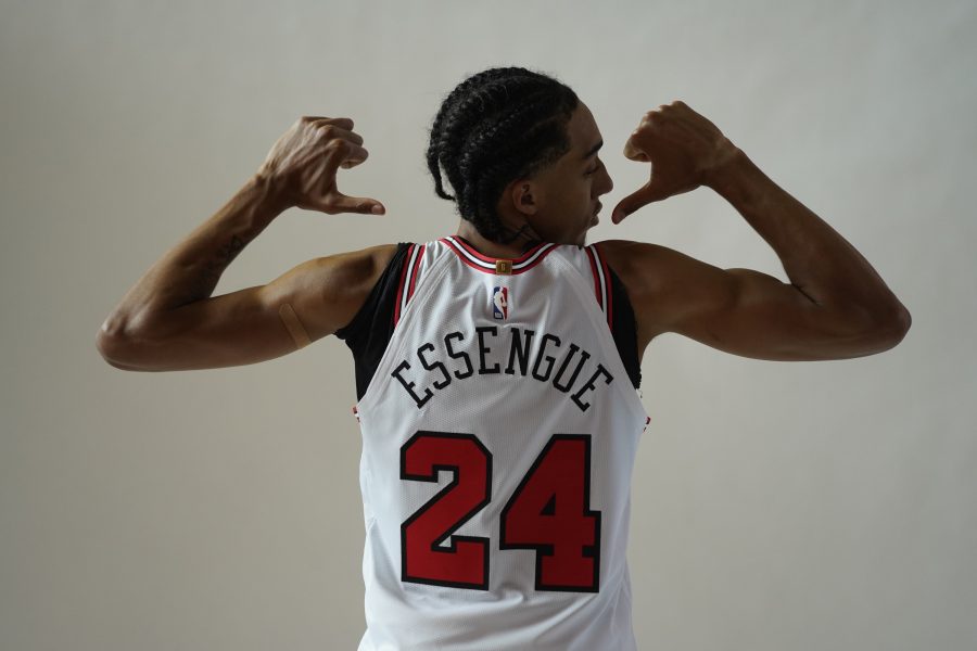 Sep 29, 2025; Chicago, IL, USA; Chicago Bulls forward Noa Essengue (24) poses for photos during Chicago Bulls Media Day. Mandatory Credit: David Banks-Imagn Images