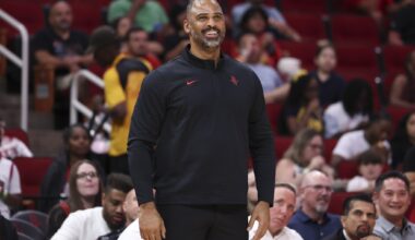 Oct 6, 2025; Houston, Texas, USA; Houston Rockets Head Coach Ime Udoka smiles during the third quarter against the Atlanta Hawks at Toyota Center. Mandatory Credit: Troy Taormina-Imagn Images