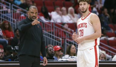 Oct 6, 2025; Houston, Texas, USA; Houston Rockets Head Coach Ime Udoka and center Alperen Sengun (28) react during the game against the Atlanta Hawks at Toyota Center. Mandatory Credit: Troy Taormina-Imagn Images