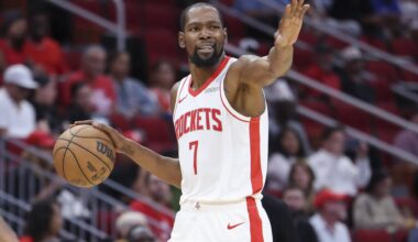 Oct 8, 2025; Houston, Texas, USA; Houston Rockets forward Kevin Durant (7) dribbles the ball during the third quarter against the Utah Jazz at Toyota Center. Mandatory Credit: Troy Taormina-Imagn Images