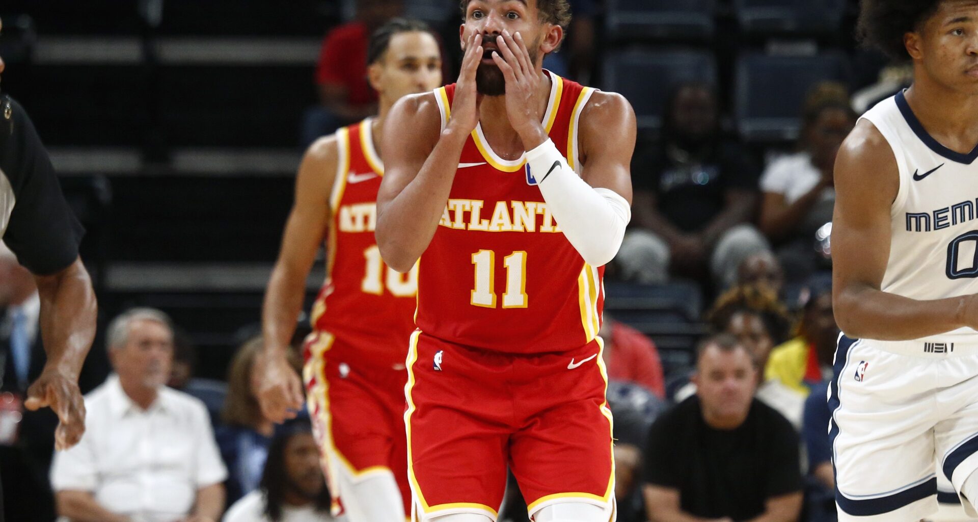 Oct 11, 2025; Memphis, Tennessee, USA; Atlanta Hawks guard Trae Young (11) reacts during the third quarter against the Memphis Grizzlies at FedExForum. Mandatory Credit: Petre Thomas-Imagn Images