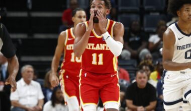 Oct 11, 2025; Memphis, Tennessee, USA; Atlanta Hawks guard Trae Young (11) reacts during the third quarter against the Memphis Grizzlies at FedExForum. Mandatory Credit: Petre Thomas-Imagn Images