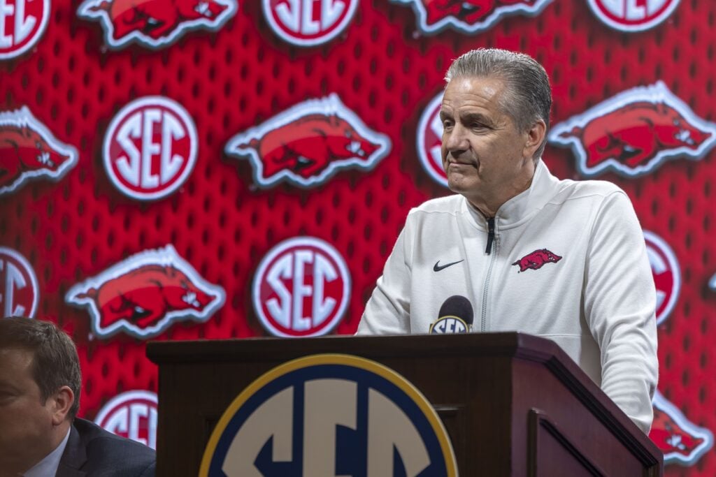 Oct 14, 2025; Birmingham, AL, USA; Arkansas Razorbacks head coach John Calipari talks with the media during SEC Media Days at Grand Bohemian Hotel. Mandatory Credit: Vasha Hunt-Imagn Images