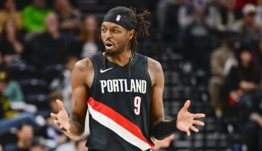 Oct 16, 2025; Salt Lake City, Utah, USA; Portland Trail Blazers forward Jerami Grant (9) questions a call during the second half against the Utah Jazz at Delta Center. Mandatory Credit: Peter Creveling-Imagn Images