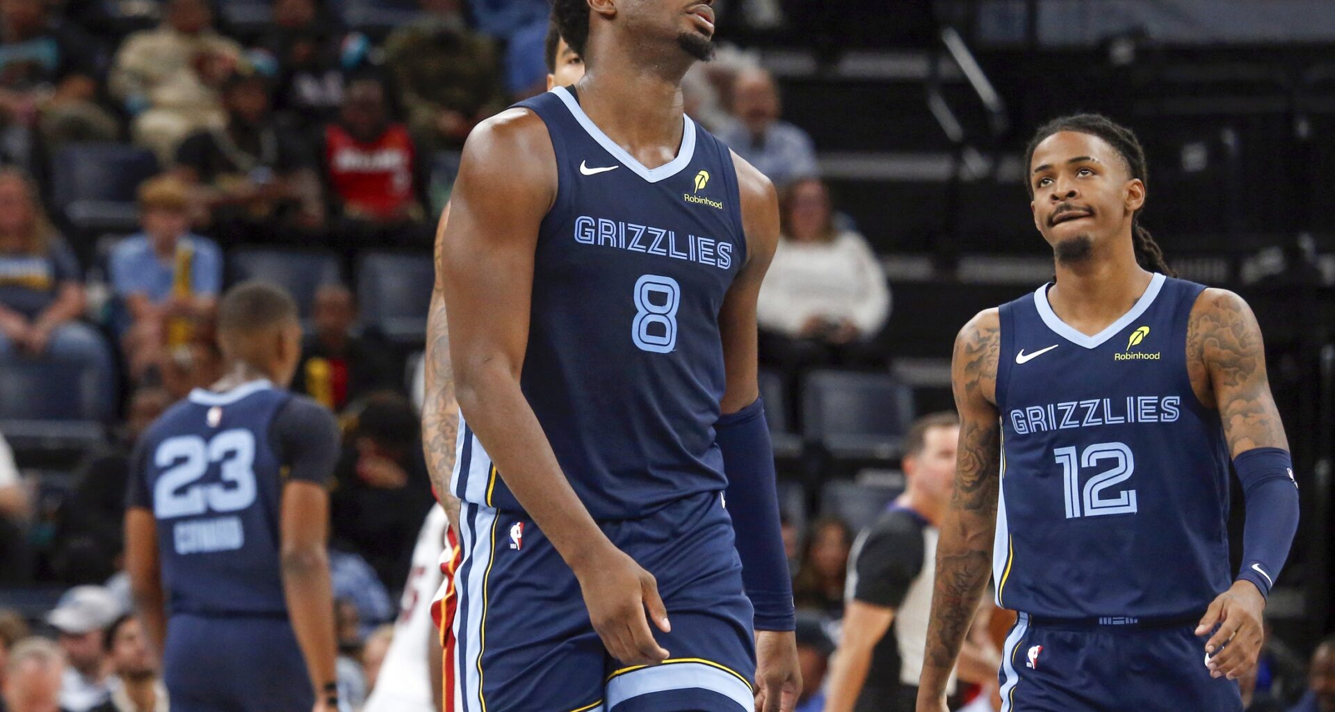 Grizzlies stars Ja Morant and Jaren Jackson Jr. react against the Heat during the 2025-26 NBA season.