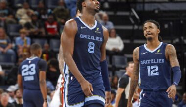 Grizzlies stars Ja Morant and Jaren Jackson Jr. react against the Heat during the 2025-26 NBA season.