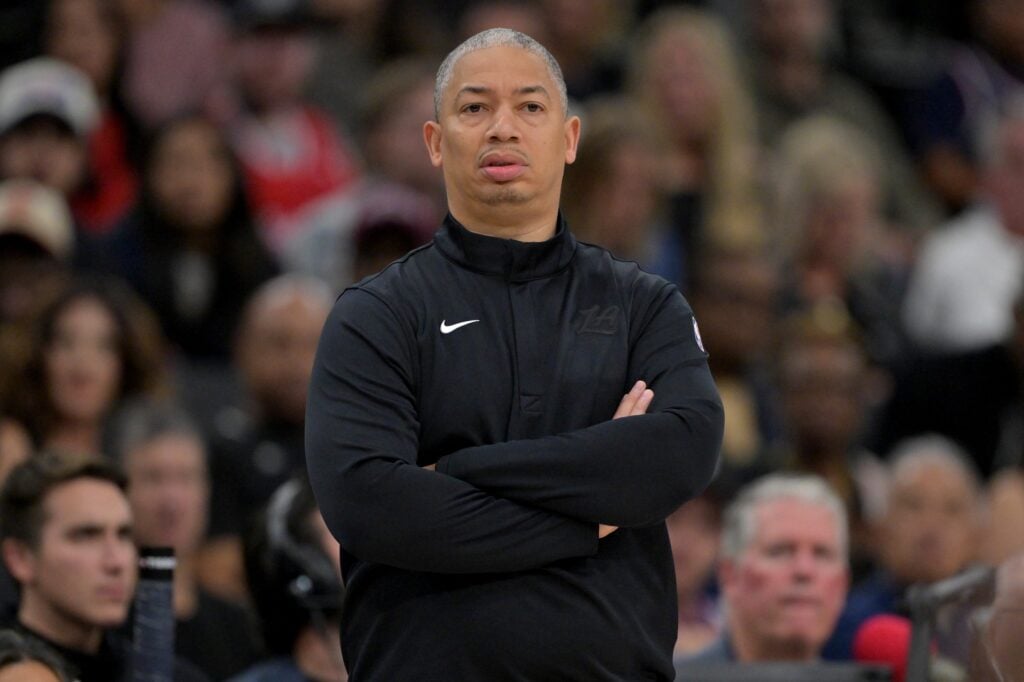 Oct 24, 2025; Inglewood, California, USA; Los Angeles Clippers head coach Tyronn Lue looks on in the first half against the Phoenix Suns at Intuit Dome. Mandatory Credit: Jayne Kamin-Oncea-Imagn Images