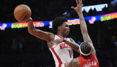 Oct 29, 2025; Toronto, Ontario, CAN; Houston Rockets forward Amen Thompson (1) does a no-look pass against Toronto Raptors forward Brandon Ingram (3) during the second half at Scotiabank Arena. Mandatory Credit: John E. Sokolowski-Imagn Images